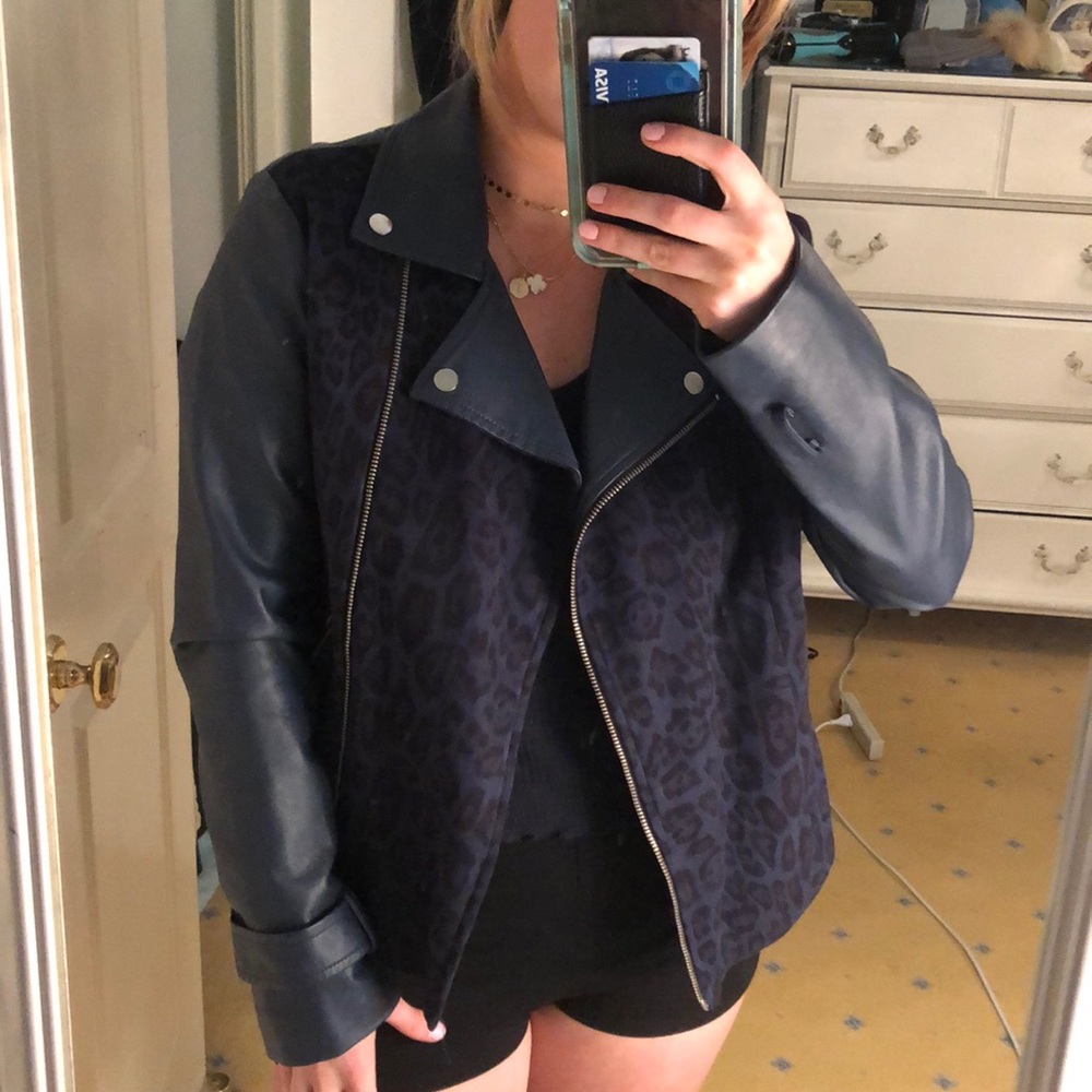 Navy Blue Cheetah Leather Jacket